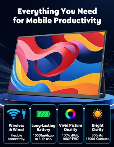Image of 18.5 inch True Wireless Portable Monitor, 1080P FHD, 10000mAh Battery, Wireless Screen Mirroring (AirPlay /Miracast), Auto Rotation for Phone /Tablet, USB‑C & Mini HDMI, VESA, Protective Sleeve Included