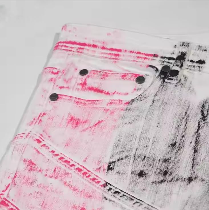 Men's Loose Mid-Thigh Denim Pants with Tie-dye and Patchwork Color Design, Hip-hop Streetwear Men's Jeans3