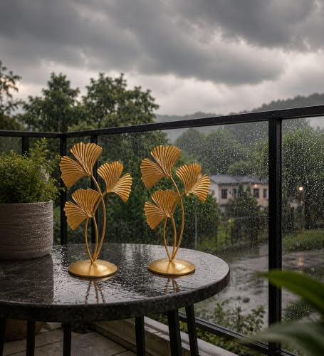 Image of (Set of 2) Iron Gold Plated 3 Leaf Shape 7.5 Inches Table Stand for Home & Living Room Decor | Metal Ginkgo Leaf Showpiece for Office, Bedroom & Shelf Decoration | Decorative Items for Home