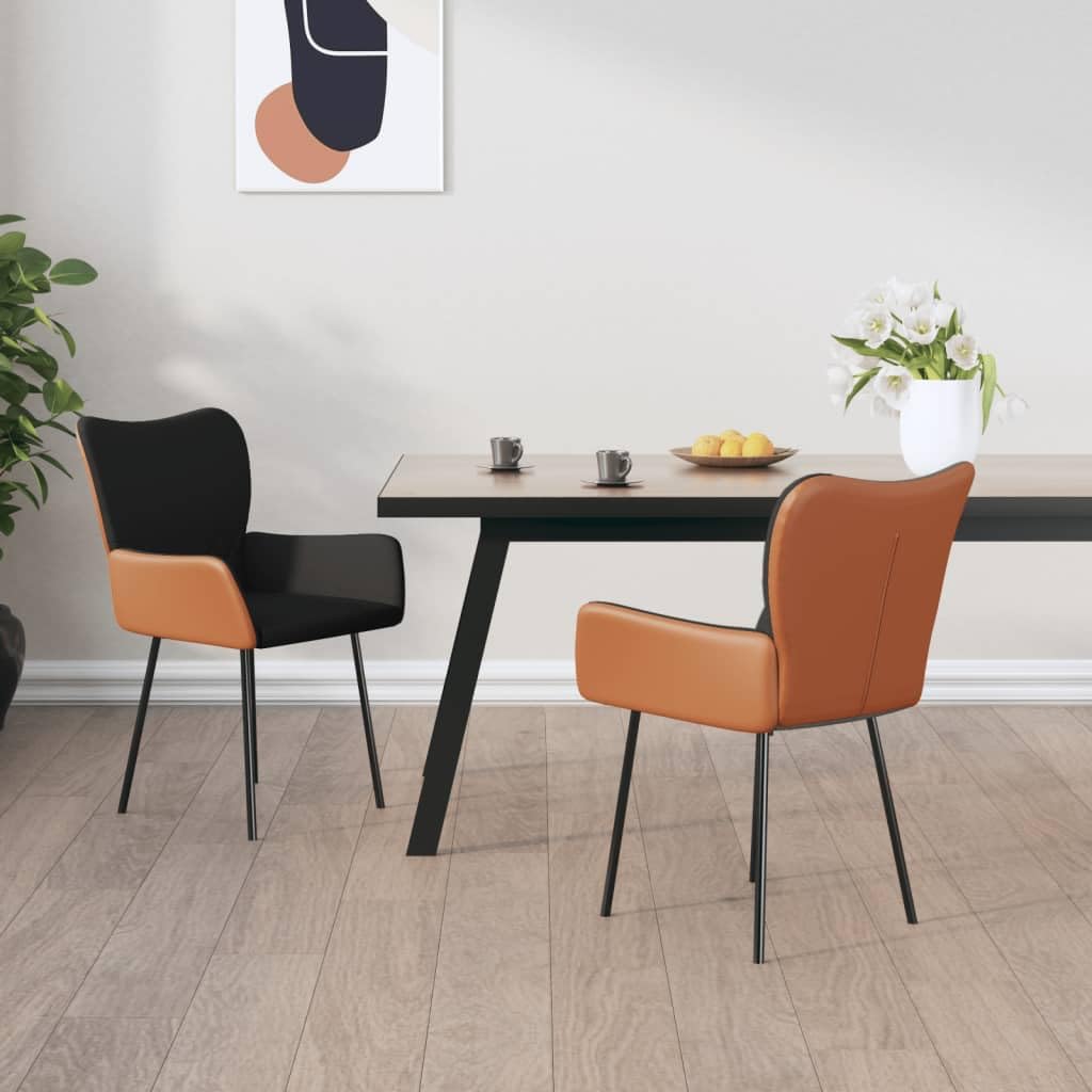 Juego de 2 sillas de comedor con reposabrazos, tapizadas de tela y piel sintética, sillas de cocina con estructura de metal para comedor y salón, color negro y marrón