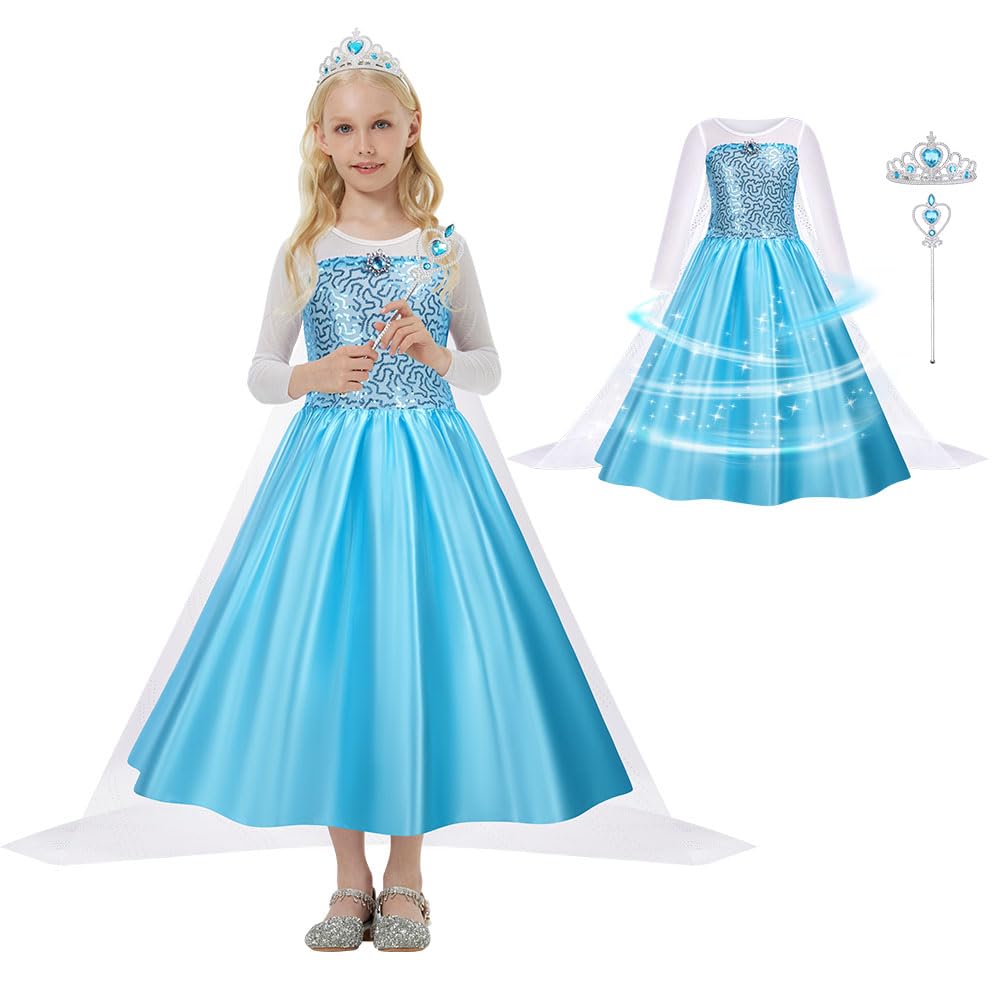 URAQT Robe De Princesse Pour Fille – Déguisement Complet Avec Couronne, Baguette Et Accessoires – Idéal Noël, Anniversaire, Halloween