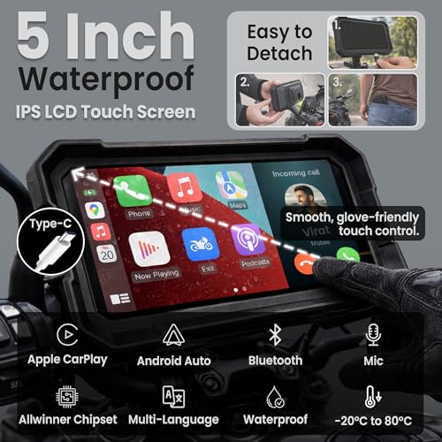 Image of Autofy Motoplay 5 Inch Waterproof Bike Navigation Screen with Wireless CarPlay & Android Auto Quick Detachable Design, Android Auto Wireless Adapter