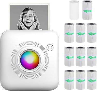 Mini Pocket Printer Portable 58mm Thermal Printer Machine BT Connection Image Label DIY Craft List Memo Notebook Journal Receipt Paper Instant Sticker with 1 Roll Thermal Paper & 10