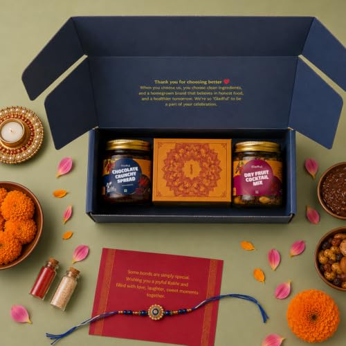 Image of Gladful Premium 5 Items Rakhi Gift Box | Blue Gratitude Hamper with Cocktail Nut Mix, Crunchy Chocolate Spread, Rakhi & Greeting Card | Luxurious Raksha Bandhan Gift