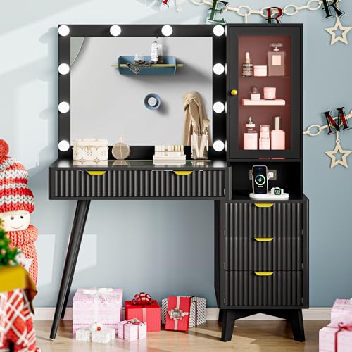 Image of Vanity Desk with Mirror and Lights, 45 inch Fluted Makeup Vanity Desk with Lights &5 Drawers, Glass Top Vanitys with Lighted Mirror and RGB Cabinet, Dressing Table with Power Outlet for Bedroom, Black