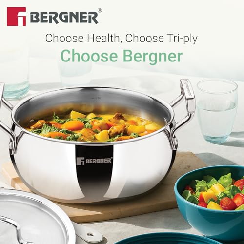 Image of Bergner TriPro Triply Stainless Steel 20cm (3.1L) Belly Shape Casserole /Biryani Handi with Stainless Steel Lid, Consumes Less Oil, Healthy Cooking, Even Heating - Induction and Gas Stove Ready