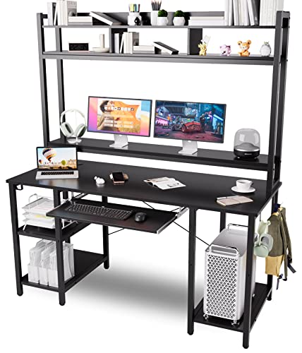 Computer Desk With Keyboard Tray And Storage Shelves, 53 Inch Width, 70 Inch High, Home Office Work Gaming Desk With Bookshelves Hutch #TOP9