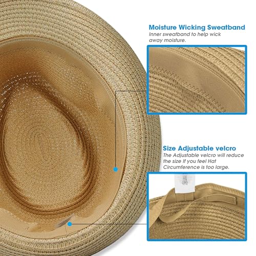 Image of Straw Fedora Hat for Women Men Packable Short Brim Roll Up Trilby Hat Panama Summer Beach Sun Hat UPF 50+