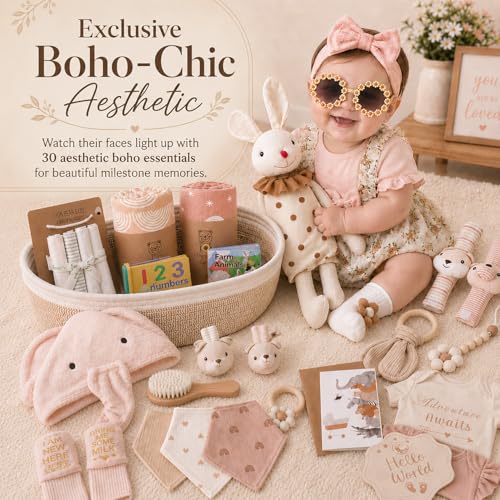 Image of Ultimate Baby Girl Gift Basket, Aesthetic Boho Chic Newborn Essentials, Premium All-in-One Baby Shower Gifts for Expecting Moms with Floral Skirt, Swaddle, Diaper Caddy Organizer