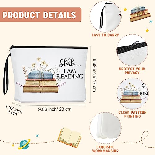 Sweetude 4 Pcs Book Lovers Gifts Sets Include Book Tote Bag, Bookworm Bracelet with Wish Card, Canvas Makeup Bag, Bookish Keychain for Readers Book Lover Gifts3