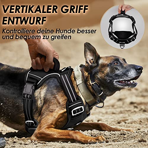 Eyein Hundegeschirr für Große Hunde, Anti Zug Brustgeschirr mit 2 Leinenclips und leicht zu bedienendem Griff, Verstellbare und reflektierende Gepolstert Geschirr für tägliches Training (Schwarz, L)