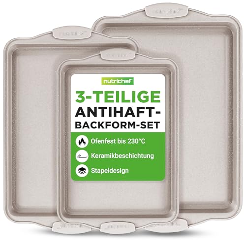 NutriChef Backblech, Backofenblech 3 Stück, Kuchenblech, Baking Tray aus Karbonstahl mit Silikongriffen, Ofenbleche für Backofen Antihaft & Stappelbar, 30x43,6cm, 26,6x38,8cm & 22,9x30,5 cm, Weiß