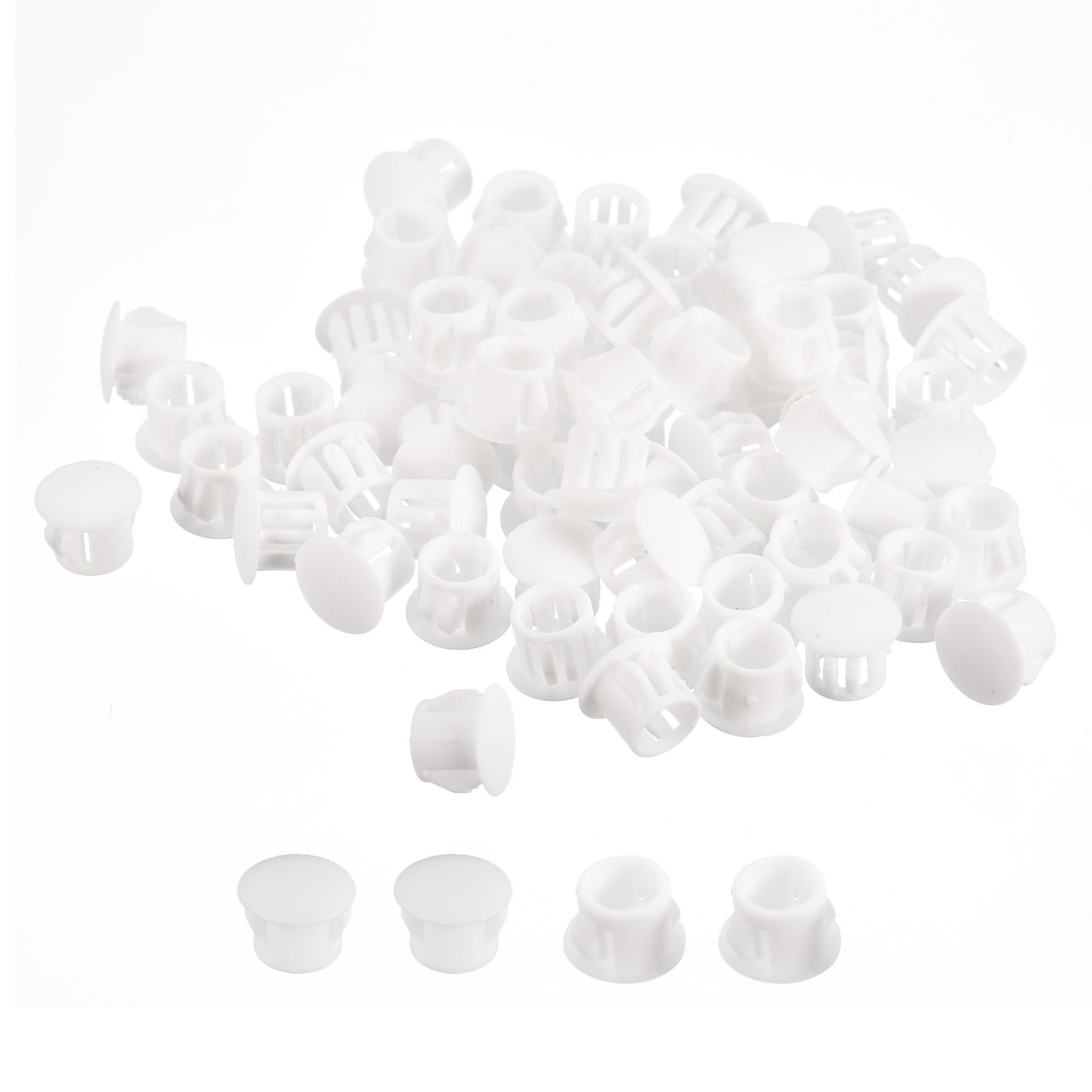 uxcell 3/8" Plastic Hole Plugs, 66Pcs Flush Type Panel Round Snap in Fastener Knockout Locking Plugs for Furniture Insert End Caps Panels, White