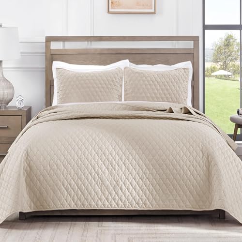 Exclusivo Mezcla Reversible King Size Quilt Bedding Set with Pillow Shams, Lightweight Quilts King Size, Soft Bedspreads Bed Coverlets for All Seasons - (Brich Beige, 104"x96")