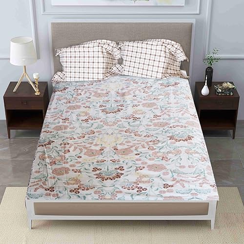 Image of Pure Source India Pure Cotton Elegance Bedding Set, Dreamy Cotton Comfort Double Bed Sheet with Pillow Covers (Green Brown Flower)