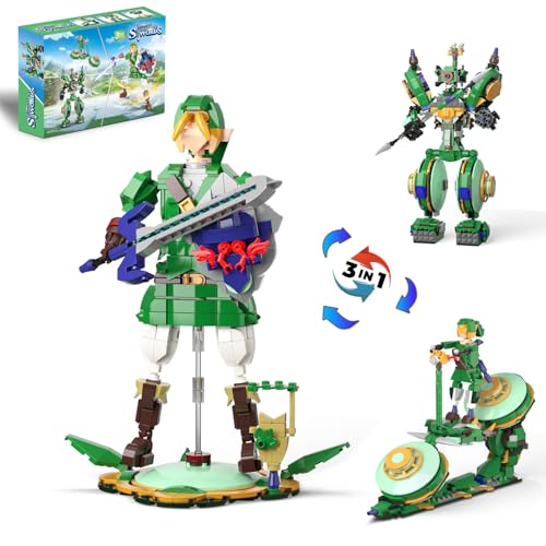 3 in 1 BOTW Building Set, Transforms to 3 Different Figures- from Link Holding Master Sword, to Battle Robot, to Glider Bike, Compatible with Lego (850PCS)
