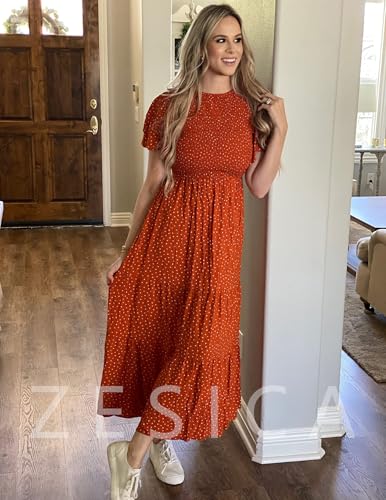 Image of ZESICA Women's 2026 Summer Boho Floral Maxi Dresses Casual Short Flutter Sleeve Smocked Tiered Flowy Dress