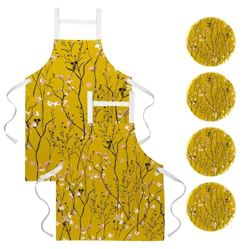 Lot de 2 tabliers de cuisine à motif petite fleur rose avec 4 broches incluses