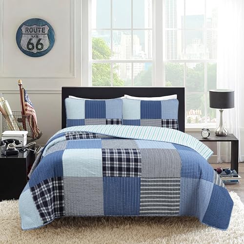 Cozy Line Home Fashions Plaid Patchwork Bedding Quilt Set, Navy B...
