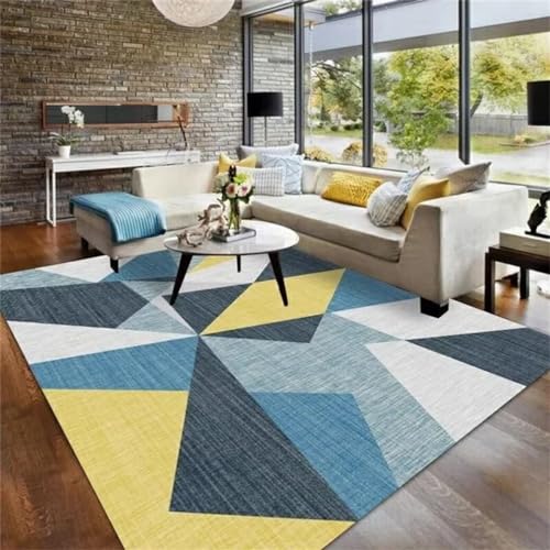 Tapis durable bleu aux finitions soignées style géométrique moderne