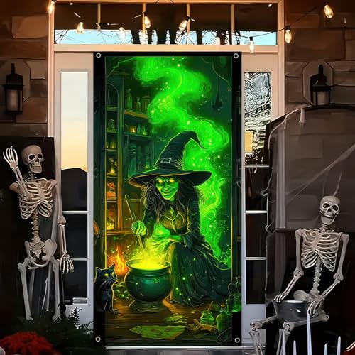 Image of BlissYard Halloween Door Cover Witch Potion Room 71 x 35 Inch | Polyester, Green Witch and Black Cat Potion Room, Haunted House Door Decor, Porch, Wall and Halloween Party Backdrop
