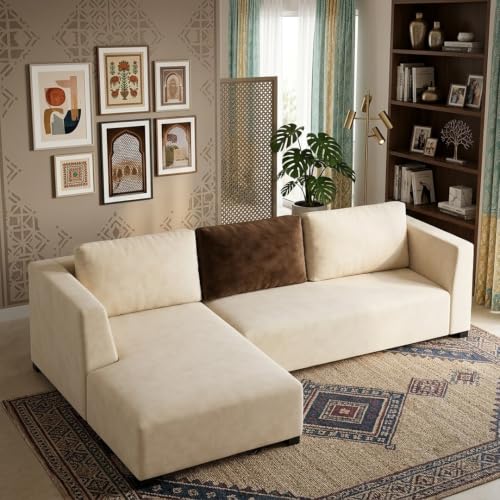 Image of FURNY Olympus 4 Seater LHS L Shape Sofa Set | Plush Velvet Suede Fabric | Modern Design | Soft Comfort Dual Color Cushions for Living Room, Office & Hotels (Cream-Dark Brown)