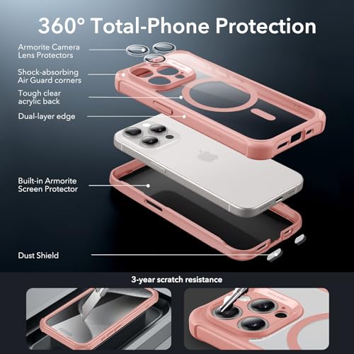 Image of ESR for iPhone 15 Pro Max Case, Compatible with MagSafe, Full-Body Military-Grade Drop Proof Case with Built-in 9H+ Tempered Glass Screen Protector, Armor Series, Clear Pink