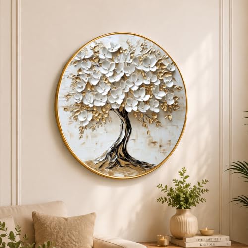 Image of PAINTINGMANTRA Tree of Life Wall Art Painting for Living Room, Floral White Flowers Painting with Round Frame for Home Bedroom and Office, 23 Inch