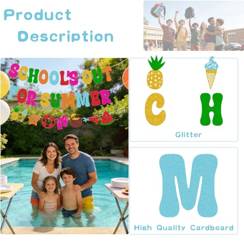 Image of Pre-Strung School's Out for Summer Banner for Boys Girls Celebrate Last Day of School End of Term Holiday Party Decorations Supplies