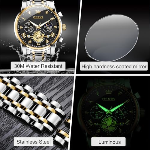 Image of OLEVS Men Watches Stainless Steel Chronograph Watch, Large Wrist Analog Quartz Watch, Fashion Waterproof Diamond Roman Numerals Dress Watches for Men, Gold /Black /White /Blue /Grey Dial