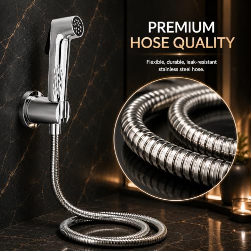 Image of No Block Health Faucet for Toilet (Complete Set) - German Engineered SS304 Hose (1.5m) & Wall Hook - Self-Cleaning High Pressure Jet Spray - Chrome Finish