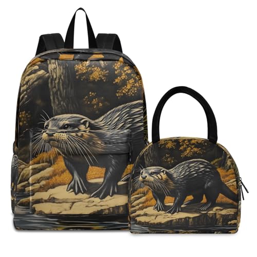 Backpack Lunch Bag Set Big Otter Print, Big Storage Travel Backpacks with Insulated Lunch Box for Office Hiking Picnic