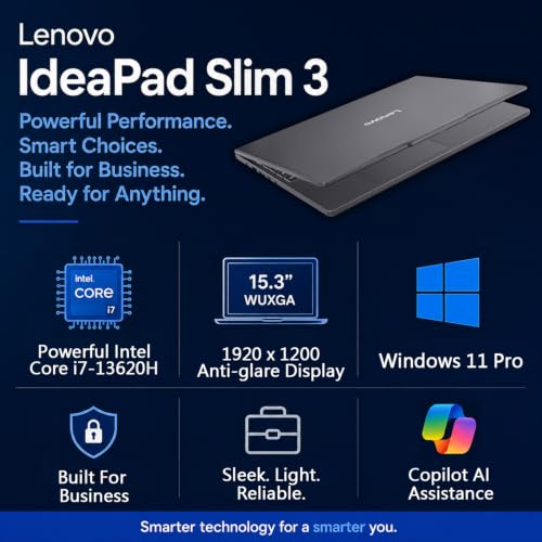 Image of Lenovo IdeaPad Slim 3 Business Laptop, Powerful Intel Core i7-13620H (10 Core, 4.9 GHz Turbo Speed), 16GB DDR5 RAM, 1TB Total Storage (Two 512GB SSDs), Copilot AI, 15.3 inch WUXGA Display, Windows 11 Pro