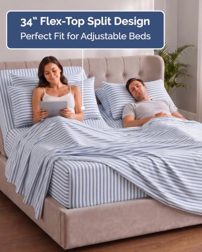 Image of Extra Deep Flex Top Split Head King Sheet Set - 6 Piece Breathable and Cooling Sheets - Hotel Luxury Bedding for Women, Men, Kids & Teens - Easy Secure Fit - Extra Deep Pockets - Blue Stripes 2