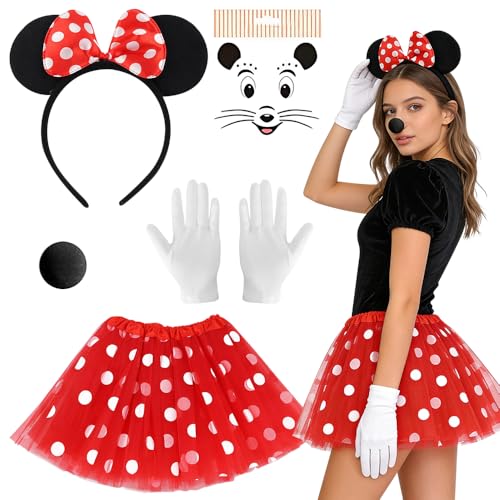XPJBKC Disfraz Raton, Disfraz Rata, Tutú Rojo con Lunares Blancos + Diadema con Orejas de Ratón + Guantes + Nariz + Pegatinas, para Carnaval, Fiesta de Cosplay y Halloween