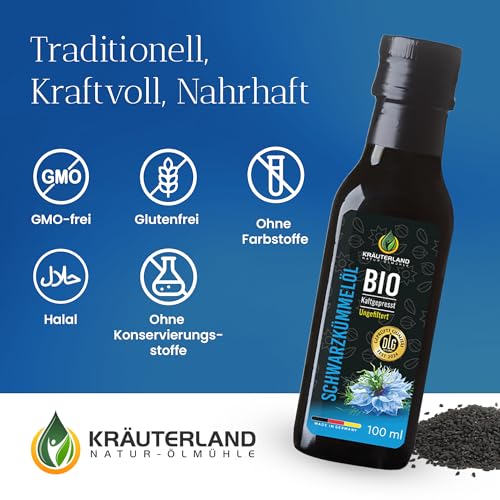 Kräuterland Bio Schwarzkümmelöl Einsteiger-Bundle, 100ml GEFILTERT & 100ml UNGEFILTERT, Kaltgepresst, 100% Bio Nigella Sativa, ohne Zusatz von Aromen, Frabstoffe & Konservierungsstoffe - Mühlenfrisch