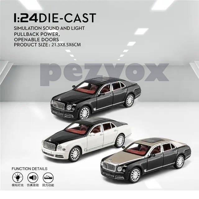 Image of Bentley MULSANNE 1:24 Diecast Scale Model Metal Pull Back Toy car for Kids with Openable Doors & Light, Music Toy Vehicle for Kids (Gold+Black)