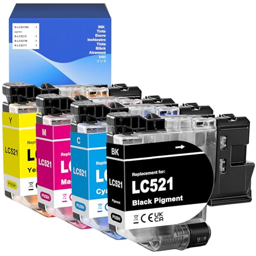 LC521 LC521VAL Cartucho de Tinta Compatible para Brother DCPJ1260W DCPJ1310DW DCPJ1313DW DCPJ1360DW DCPJ1460DW Impresora LC521BK LC521C LC 521M LC 521Y (4 Pack)