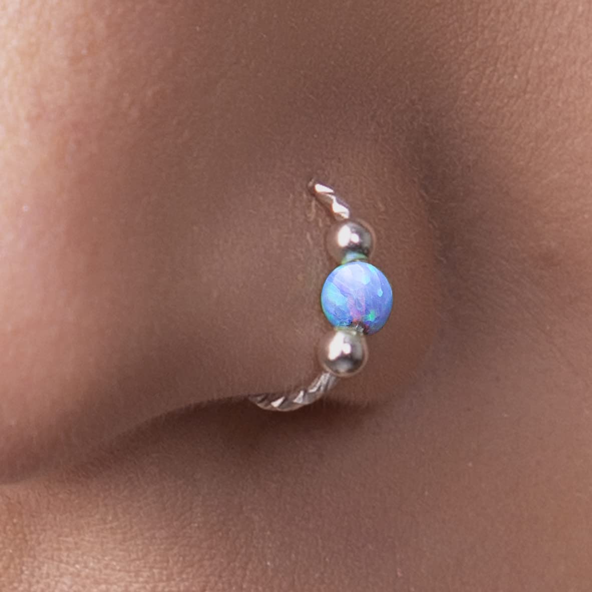 Silver Opal Nose piercing - Sterling opal Nose Piercing RING - 20 Gauge Silver nose hoop
