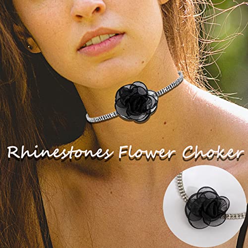 Ronglry Flower Choker Necklace For Women Silver Rhinestone Choker Necklaces Rose Flower Choker Black Red Rose Choker Necklace Flower Lace Choker Womens Flower Necklace Choker Gothic Collar Bride Wedding Party Flower Chokers For Girls-Daimond Black #TOP5