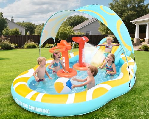 Inflatable Kids Pool with Slide and Canopy, Durable Thickened Large Inflatable Pool for Toddler, Water Slides for Kids, Backyard Play Center Kiddie Pool, Blow Up Splash Pad for Toddlers (126