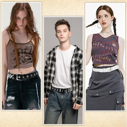 3 Pcs Black White Star Belt Studded Y2K Belt Punk Rock Belts with Grommet Threads Bright Metal Pyramid Gothic Belts for Women Men2