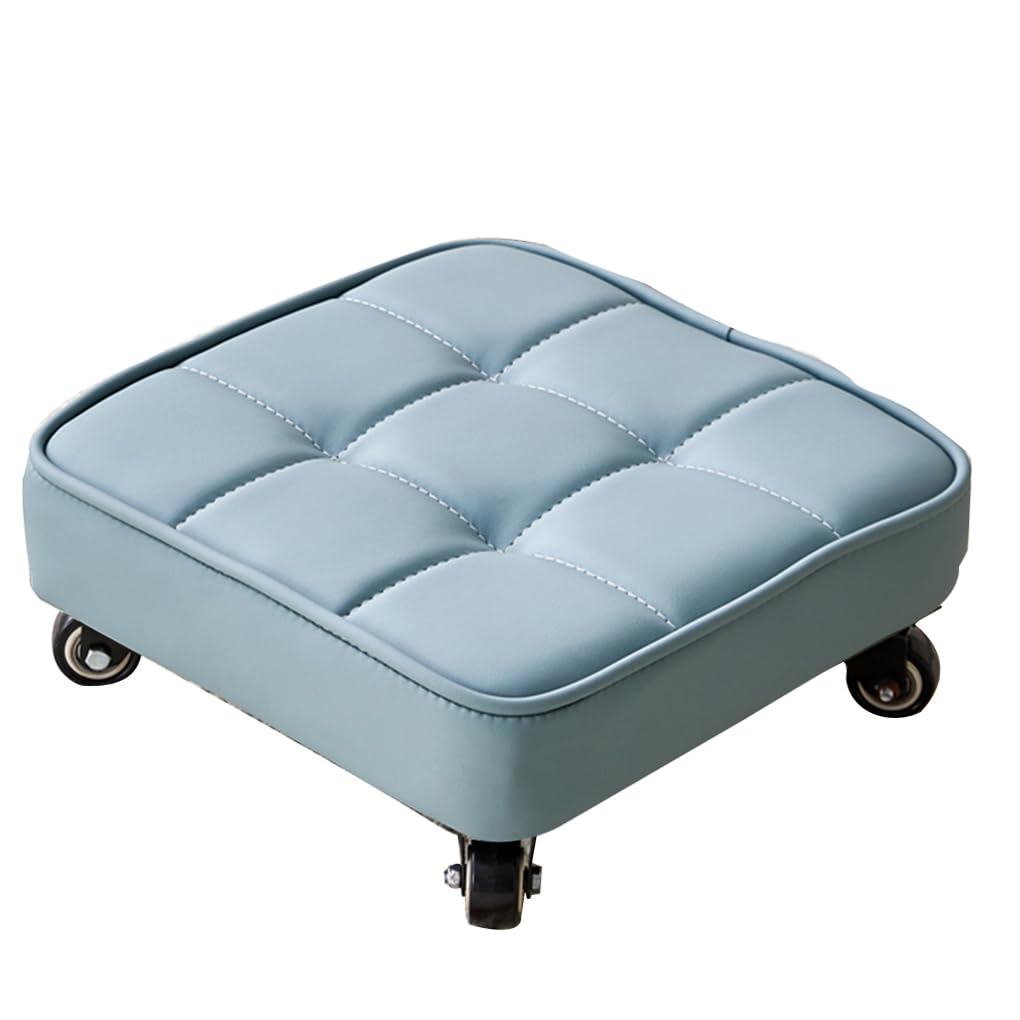 Tabouret bas à roulettes en cuir PU bleu pour salon et garage