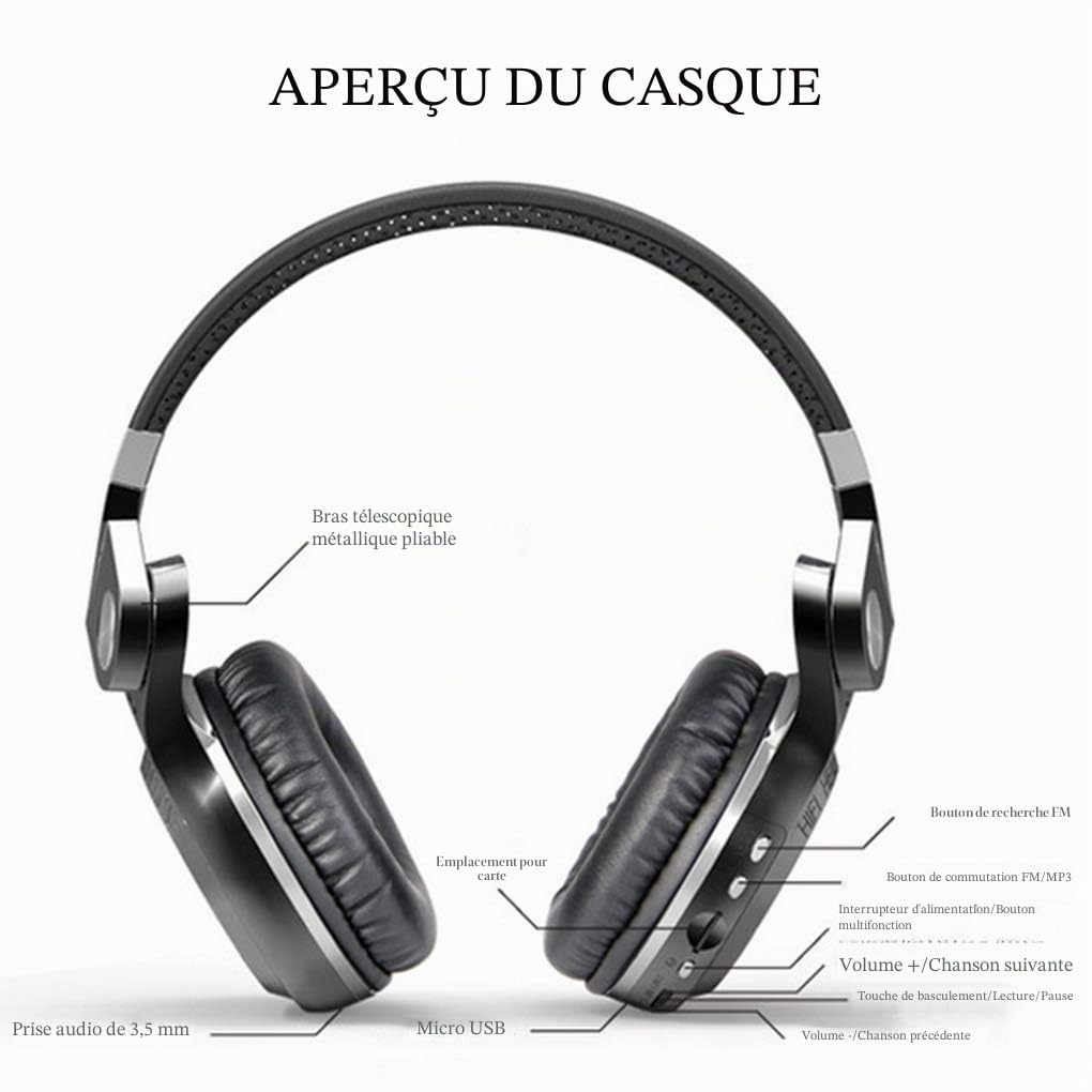 Bluedio Casque Bluetooth sans fil pliable avec fente pour carte micro SD, radio FM, Amazon Web Services, microphone pour téléphone portable/téléviseur/PC (noir)