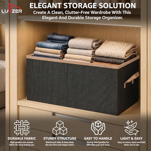 Image of Lukzer 1Pc Black Foldable Clothes Organiser Storage Box Stackable Space-Saving Wardrobe Organizer for Storage with Handles & Rust-Free Multipurpose Organizers Basket for Almirah Cupboard Pants Jeans