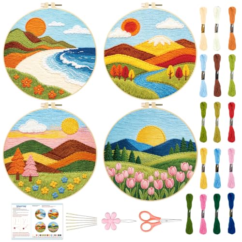 Image of BEUNITONE 4 Set Embroidery Kit for Adults Beginner with Hoops & Instruction | Easy to Learn Landscape Stamped Embroidery Patterns, Includes Multiple Accessories, Gift for Craft Lovers Relaxation