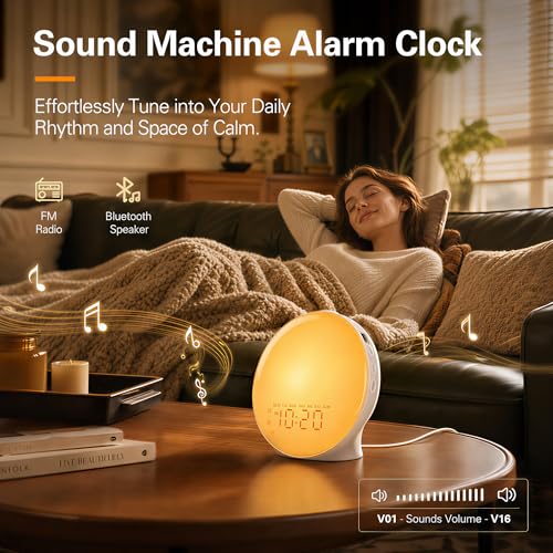 Image of JALL Full-Screen Wake Up Light Sunrise Alarm Clocks for Bedrooms, White Noise Machine for Heavy Sleepers, 25 Natural Sounds, Dual Alarms, FM Radio, 17 Dimmable Colors, Bluetooth Speaker, Metallic Gray