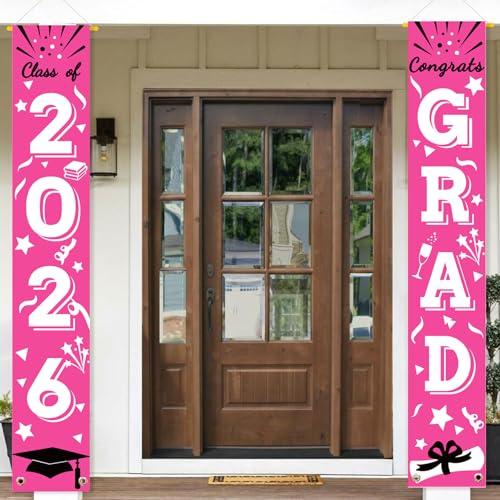 Image of Graduation Porch Banner Class Sign Congrats Grad Hanging Flags High School College University Party Decoration For Front Door Outdoor Deep Pink