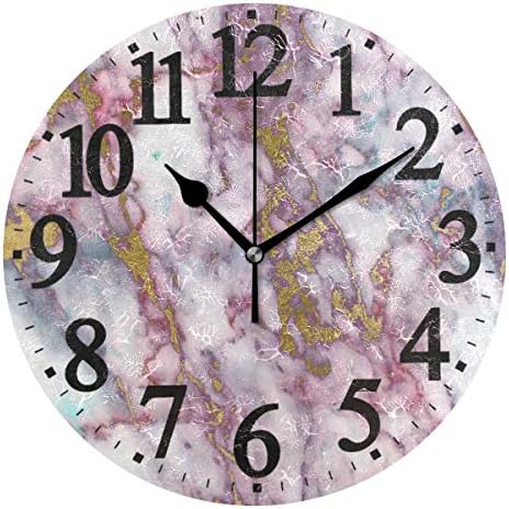 WIHVE 9.5 Inch Wooden Round Wall Clock, Vintage Arabic Numerals White Gold Pink Marble Wooden Decorative Round Wall Clock