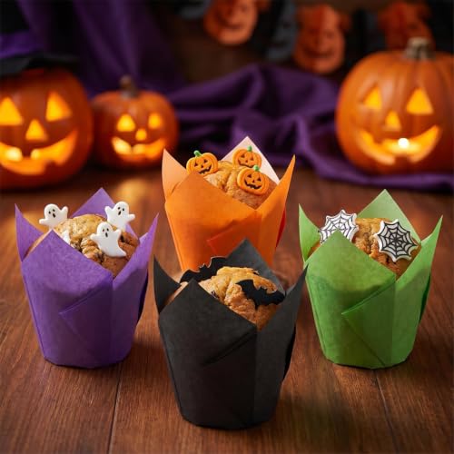 Image of 200 Pieces Tulip Cupcake Muffin Liners Greaseproof Paper Baking Cups Cupcake Wrappers for Halloween Party Birthday Wedding Baby Showers Catering (Black /Green /Orange /Purple)